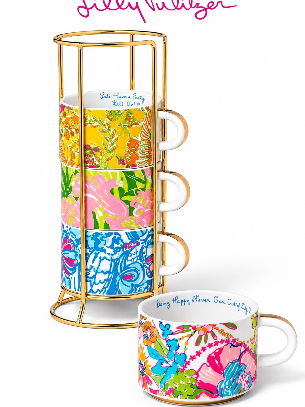 Lilly Pulitzer x Target XXO Stacking Mugs Gold Caddy Set 4 NWT Rare